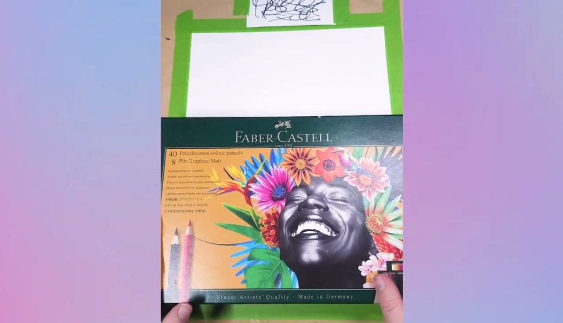 # Image Description The screenshot shows a Faber-Castell Polychromos colored pencil set (40 pencils + 8 Pitt Graphite Matt) being held up, displaying its packaging which features a vibrant artistic image of a smiling face surrounded by colorful flowers, set against a purple gradient background.